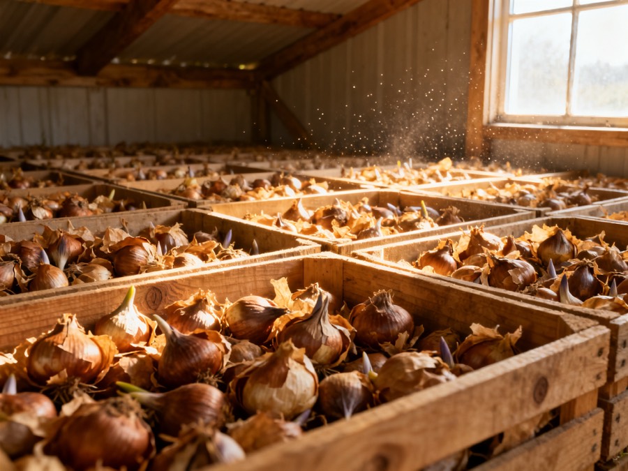Flower bulbs sorted in crates